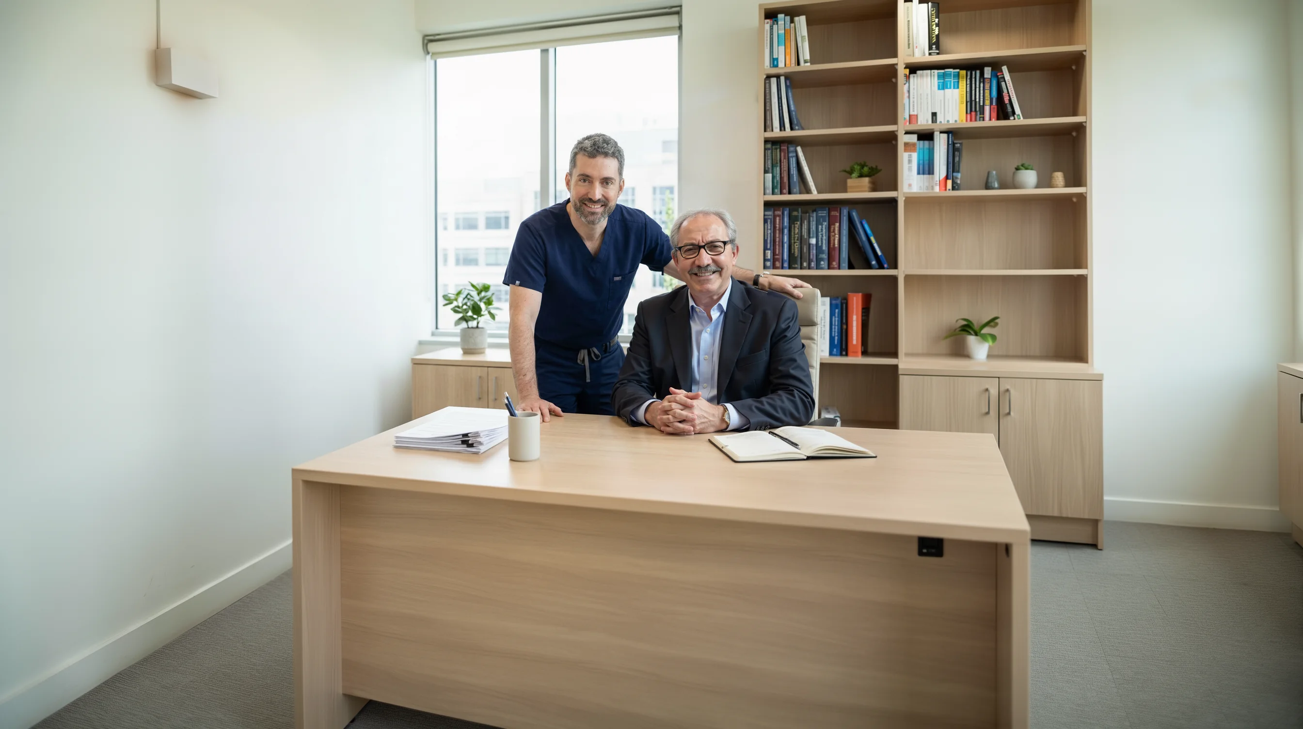 Omar Benidir and Dr. Tarik Benidir, founders of MMI Made Easy, at a desk in their office