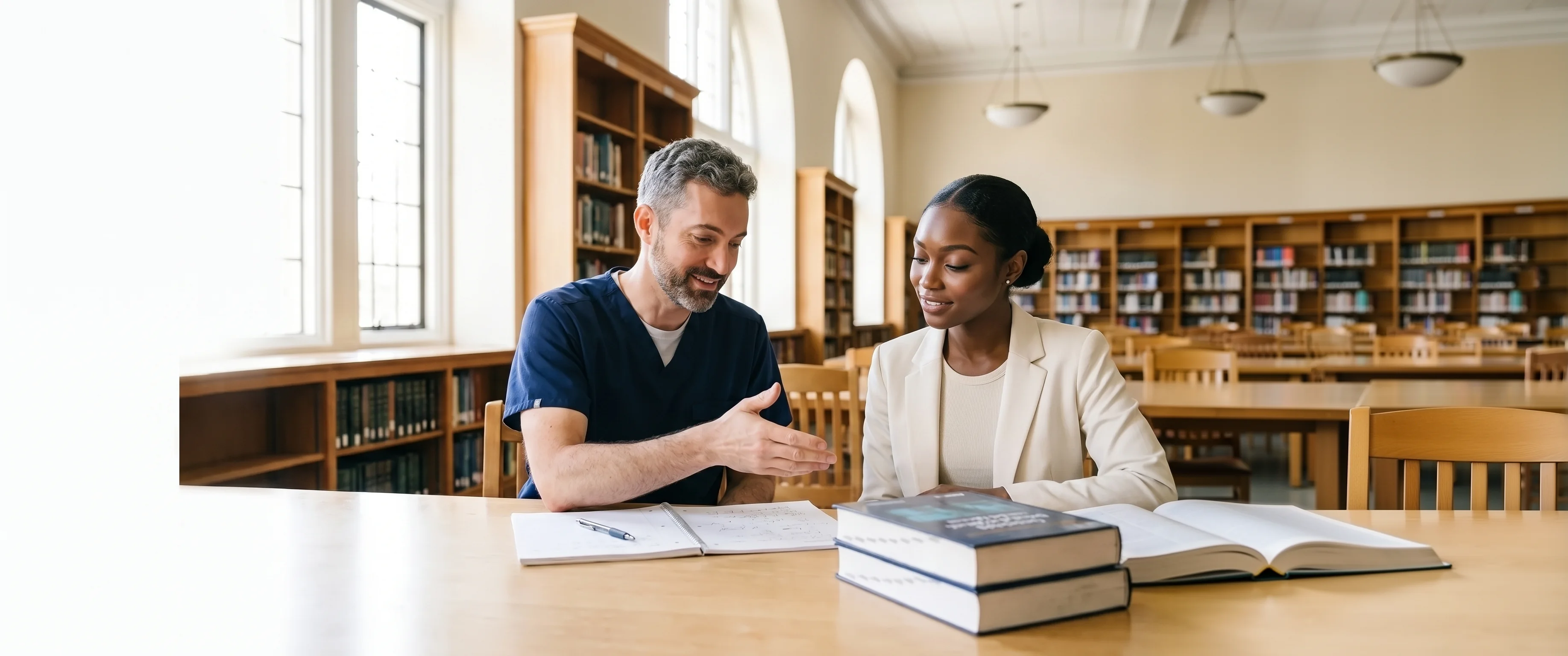 A physician coach working one-on-one with a candidate in a university library