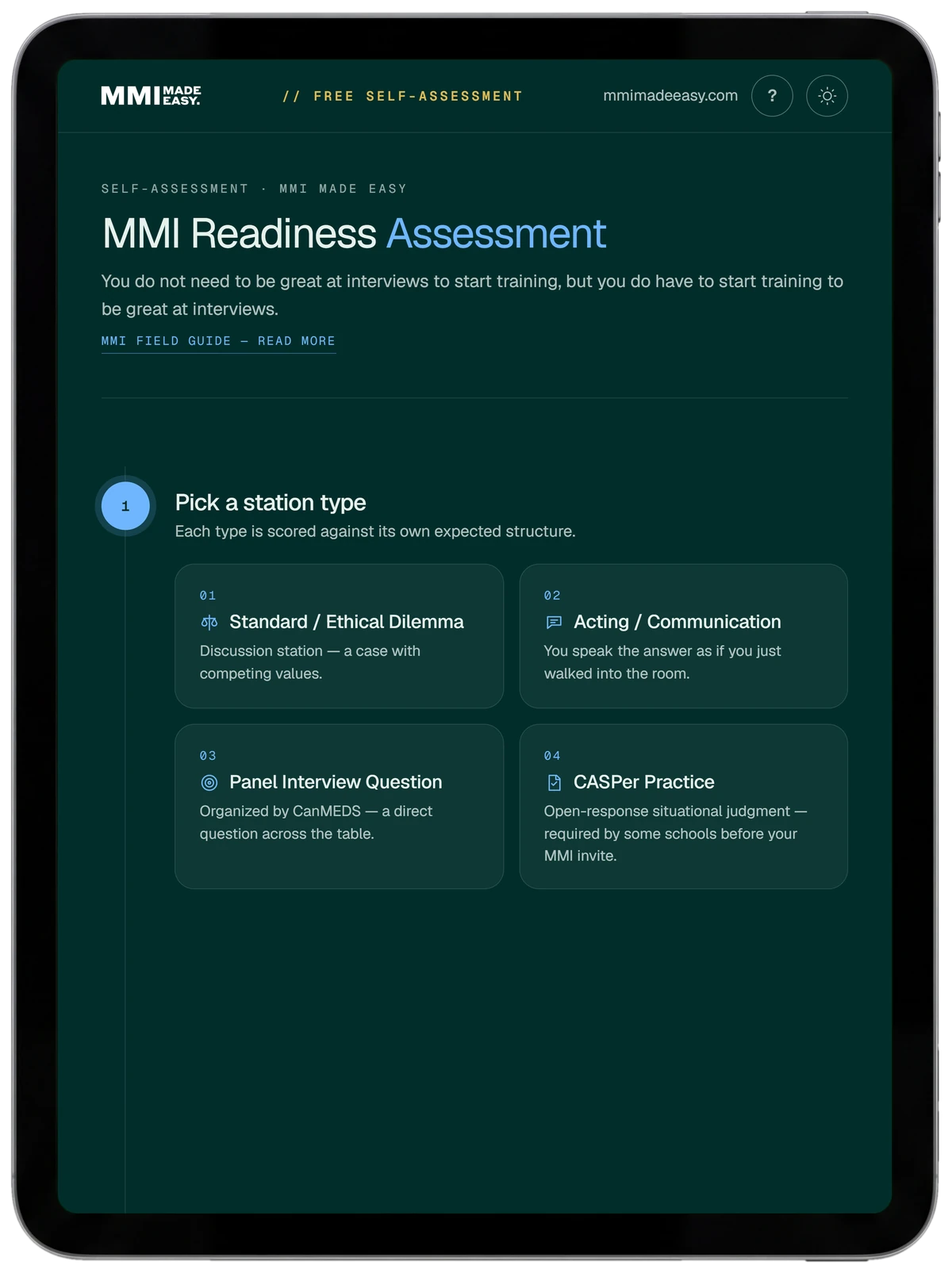 The MMI Readiness Assessment open on a tablet