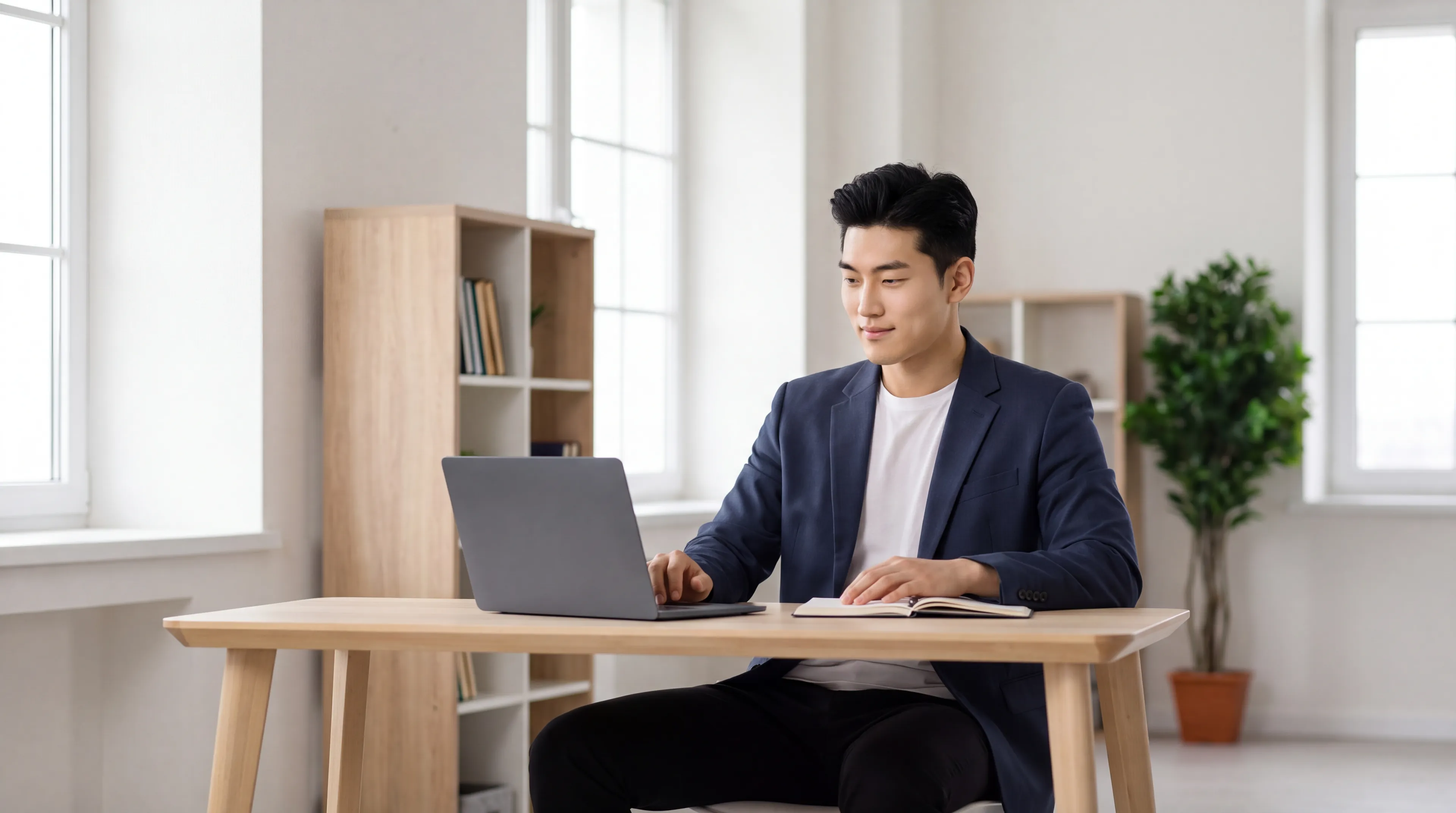 A candidate typing a timed answer at his laptop